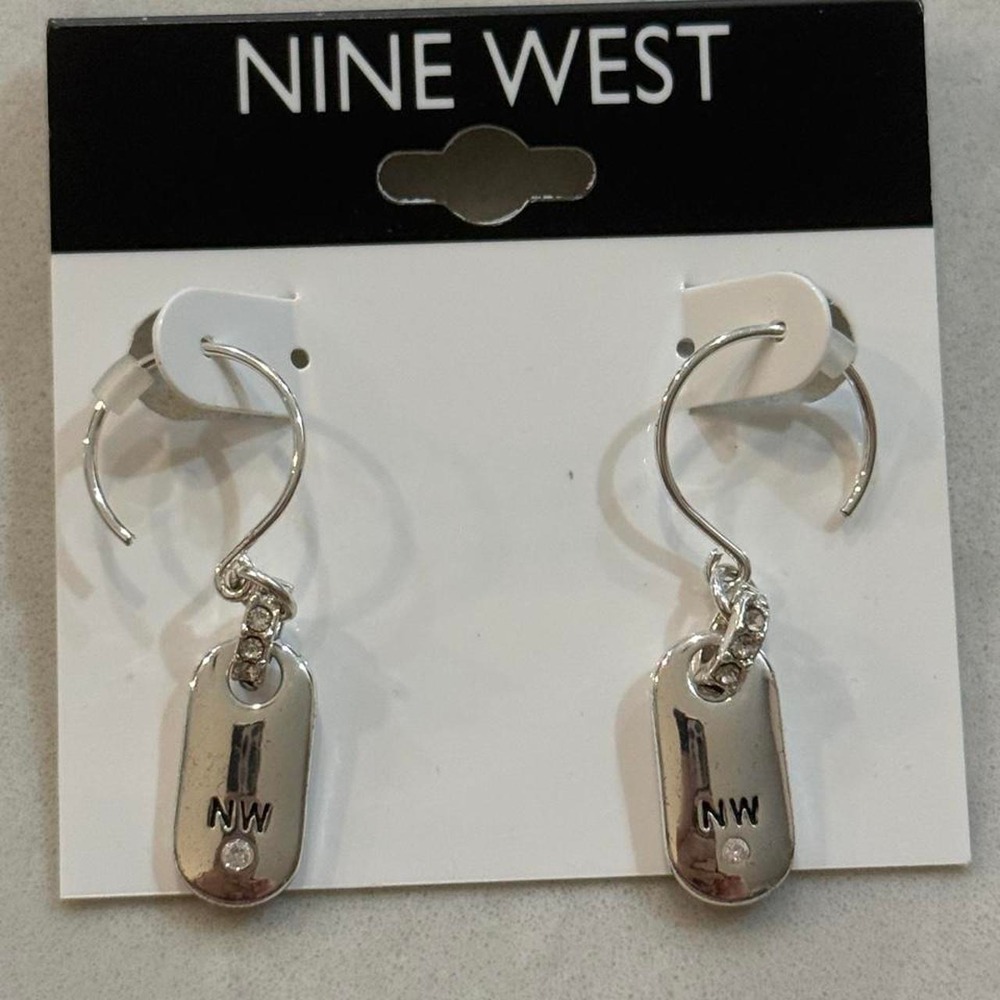 NWT Nine West Silver Tone Logo‎ Tag Drop Earrings Rhinestone Accent
